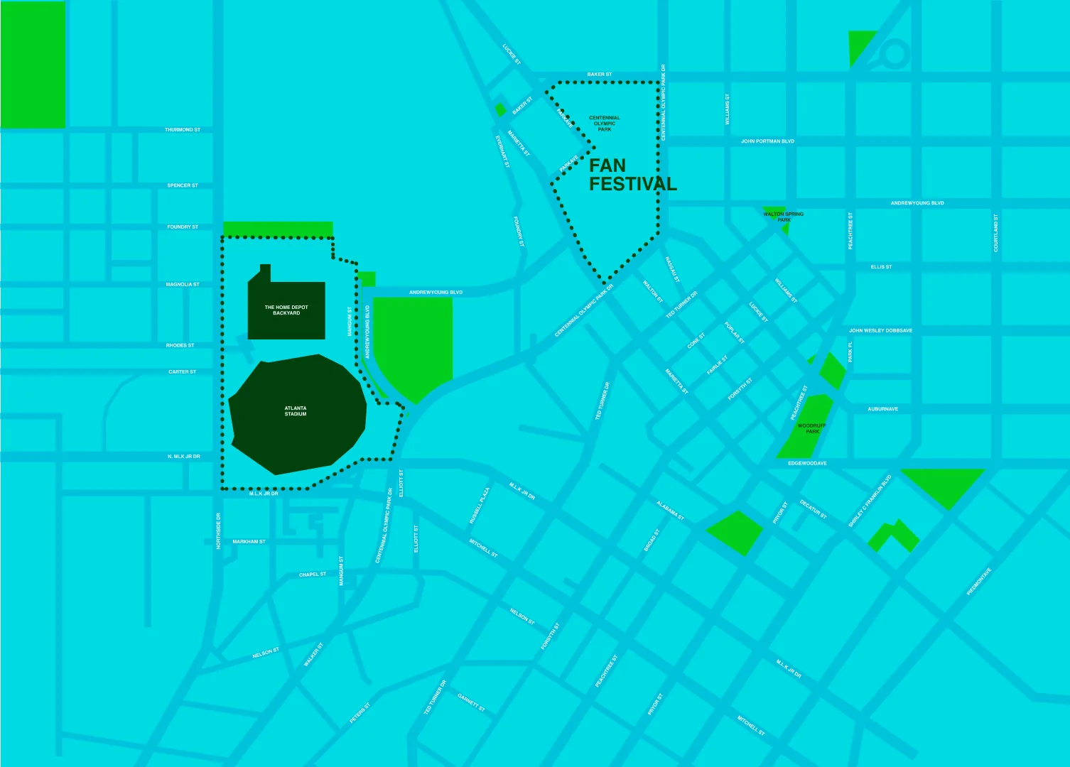 Map of downtown Atlanta showing the stadium district, Fan Festival and surrounding streets