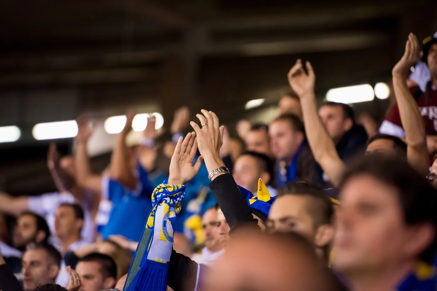 Fans cheering with raised hands