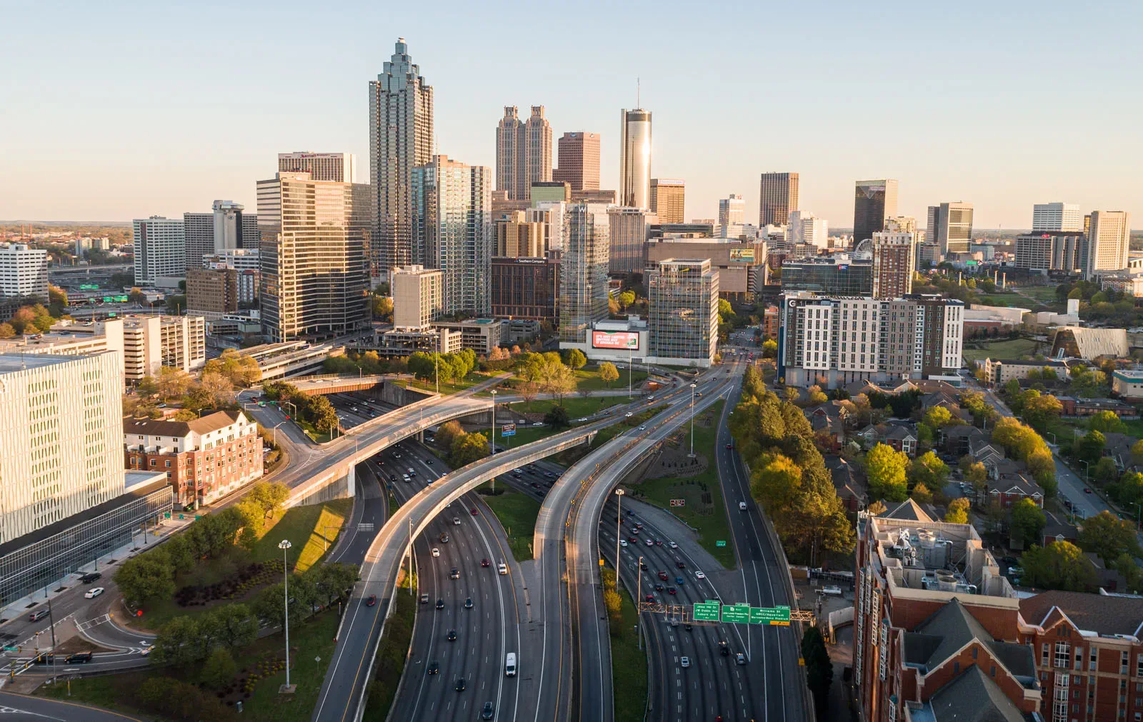 Downtown Atlanta skyline above the highway connector at golden hour