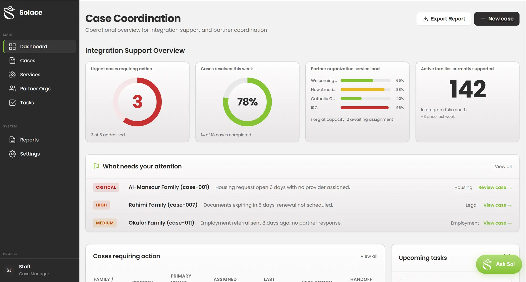 The Solace case coordination dashboard on a laptop