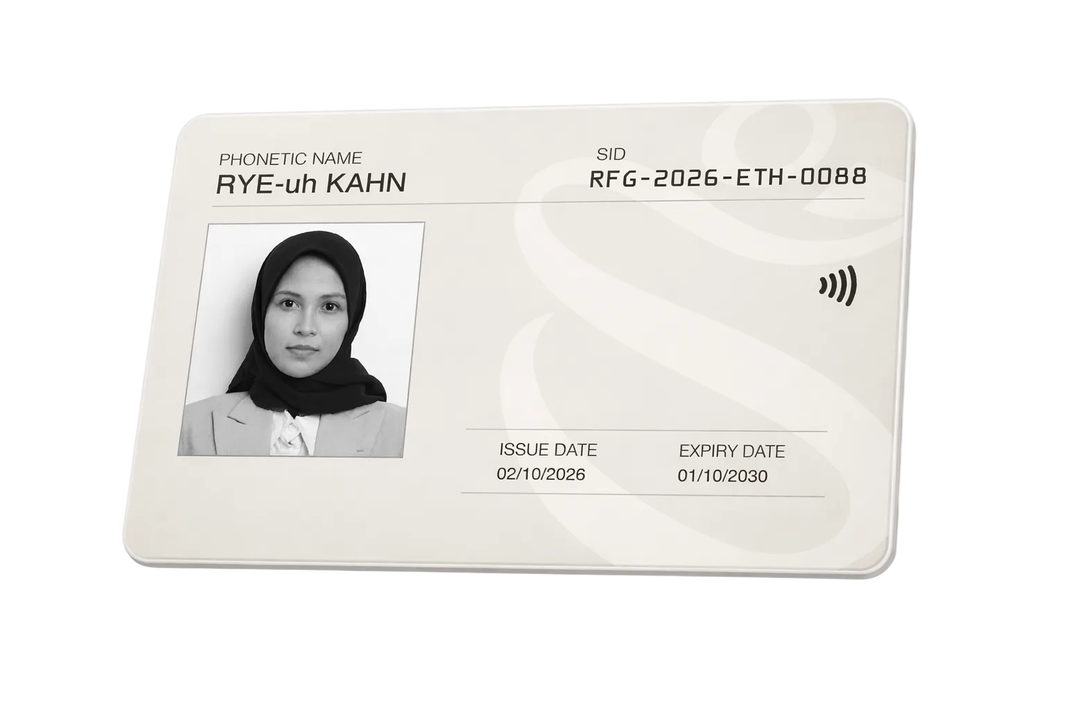 The Solace ID card, cream with a portrait photo and NFC symbol