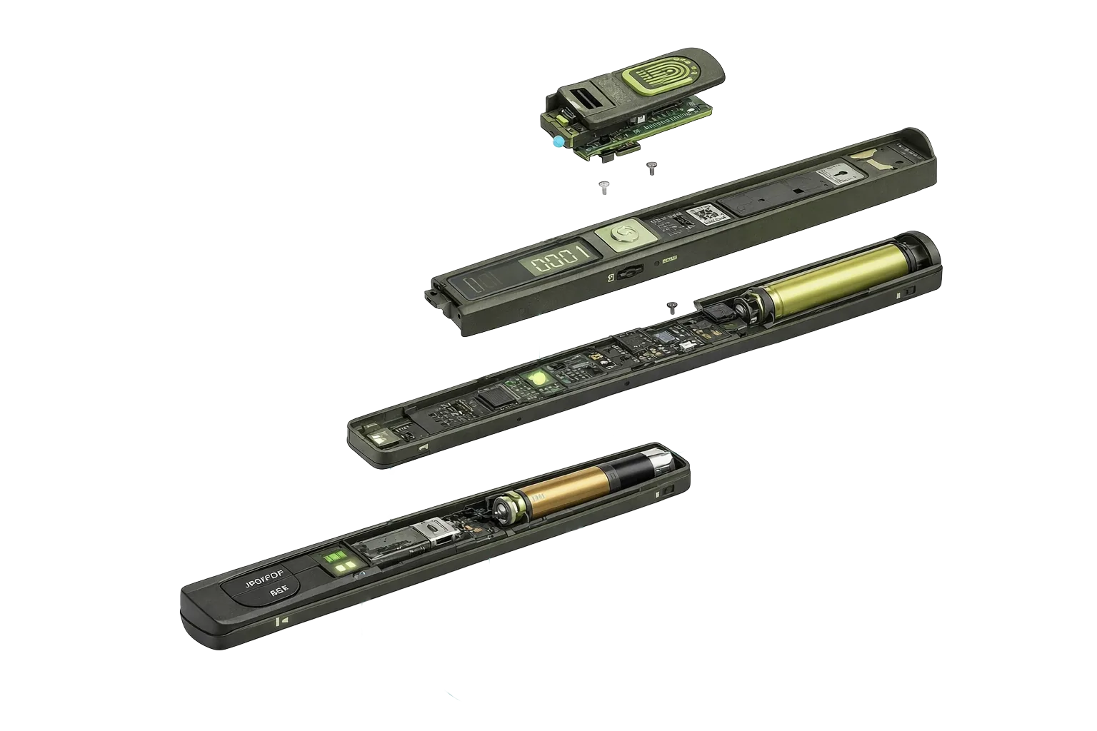 Exploded view of the Solace scanner showing its fingerprint module, casing, circuit board and battery