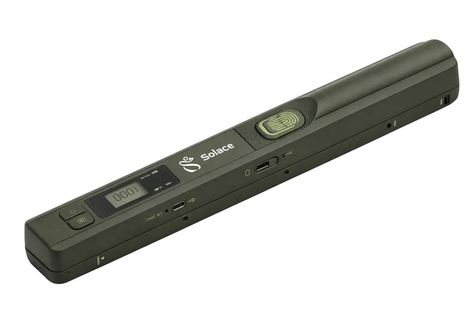The Solace document scanner, a slim olive-green handheld device