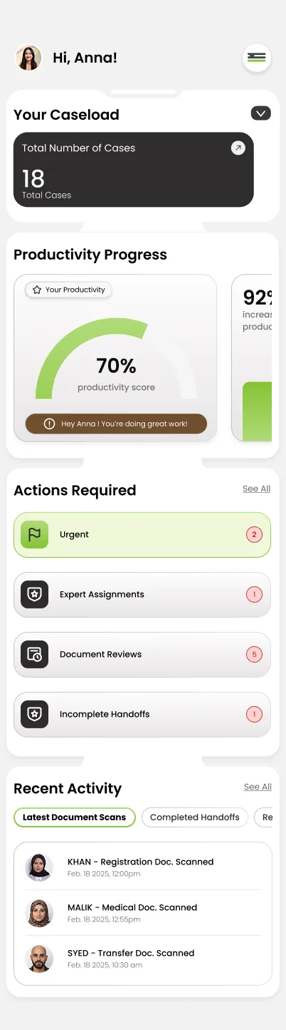 Caseworker Dashboard screen of the Solace app